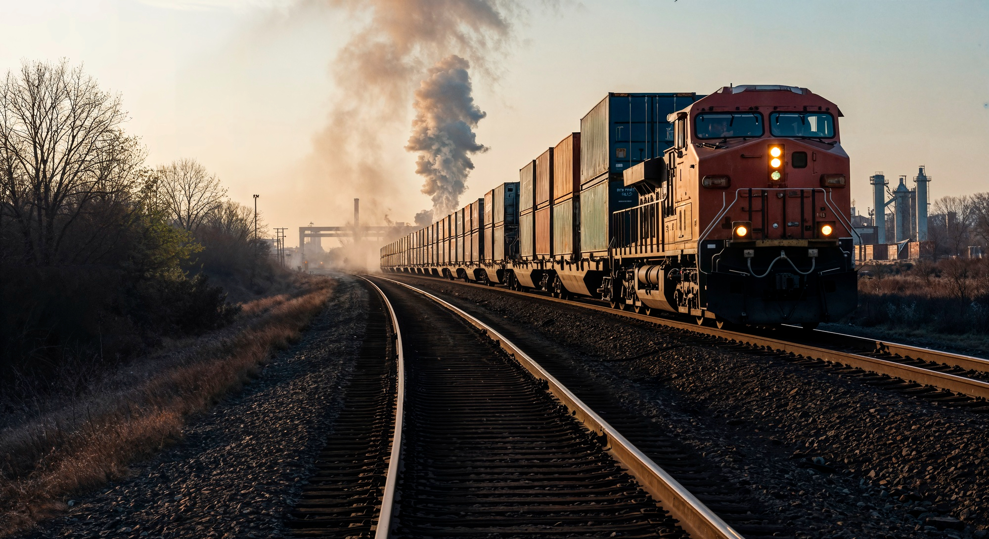 Freight train at sunset